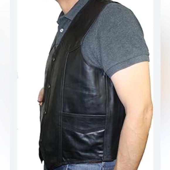 Bonus Western Men Vest Sz 50 Black Genuine Leather Sleeveless Button Down - Picture 3 of 11